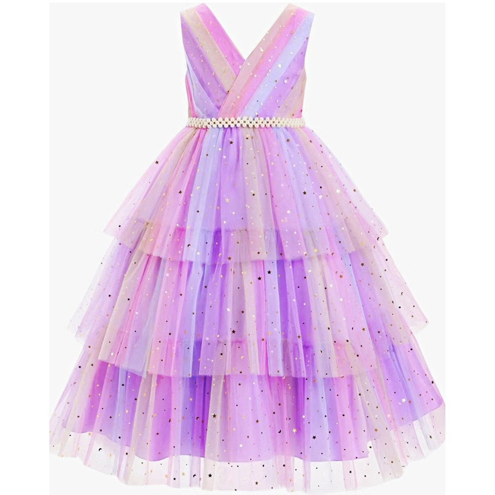 IBTOM castle Girls 6/7 years Purple/Pink Layered Tulle Dress Pearl Bow Star Moon